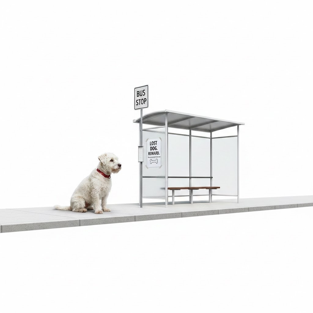 Lost Dog Waits Patiently Outside Bus Stop