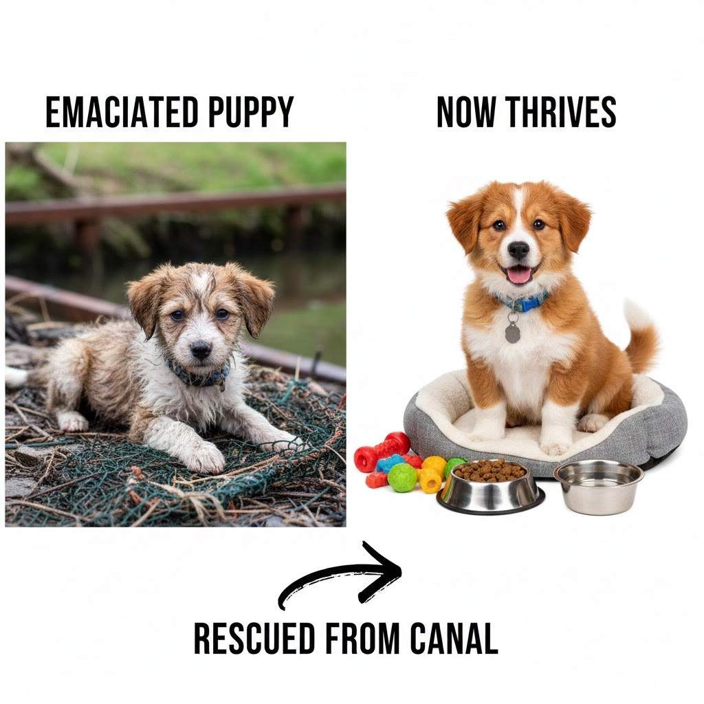 Emaciated Puppy Rescued From Canal Now Thrives